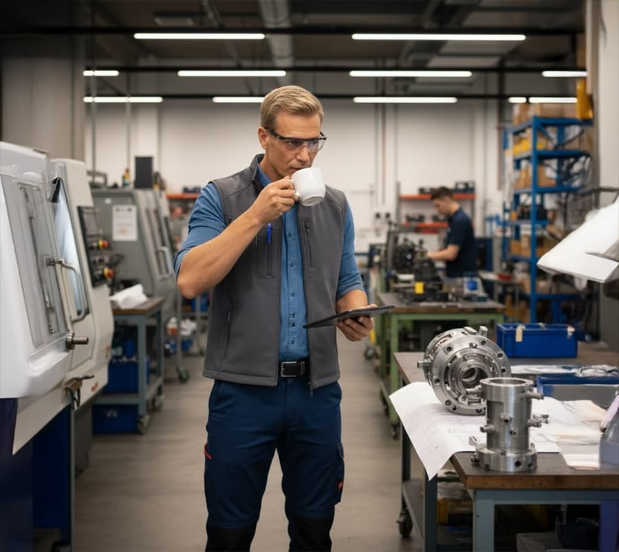 A man in a workshop drinks from a white mug while looking at a tablet. He stands near machinery parts and blueprints, wearing glasses, a blue shirt, and a gray vest. The background shows equipment and shelves.