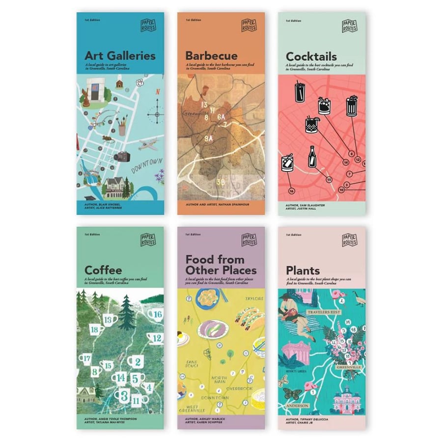Six illustrated fold-out maps are displayed, each labeled: Art Galleries, Barbecue, Cocktails, Coffee, Food from Other Places, and Plants. Each map features themed graphics and colorful backgrounds.