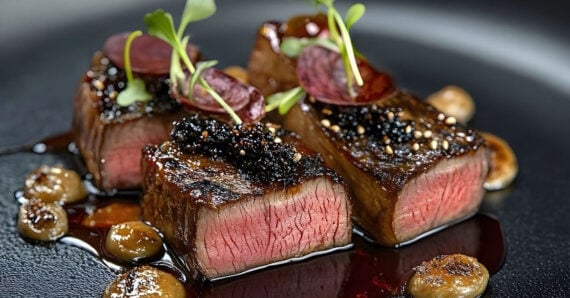 Three pieces of medium-rare steak topped with black garnish and microgreens, served with a rich brown sauce and small round vegetables on a dark plate.