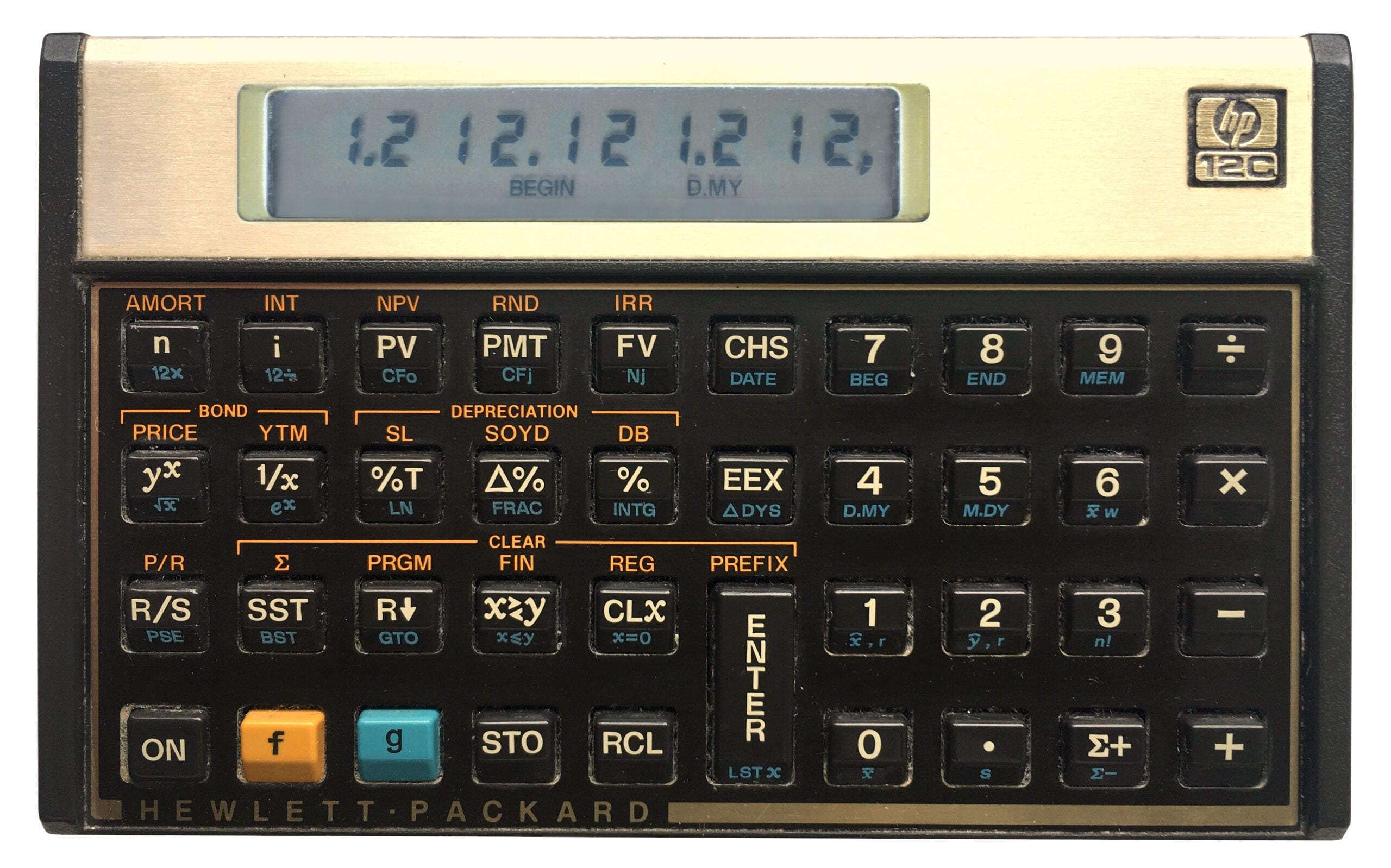 A vintage Hewlett-Packard HP 12C financial calculator with a digital display showing "12.12.12 12.12" and multiple black buttons labeled with financial and mathematical functions.