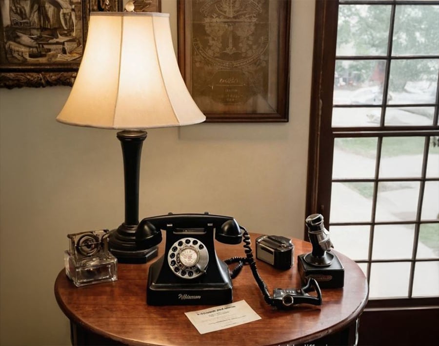A round wooden table with vintage rotary phones, a black desk lamp, and a framed document, set near a window with glass panes letting in daylight.