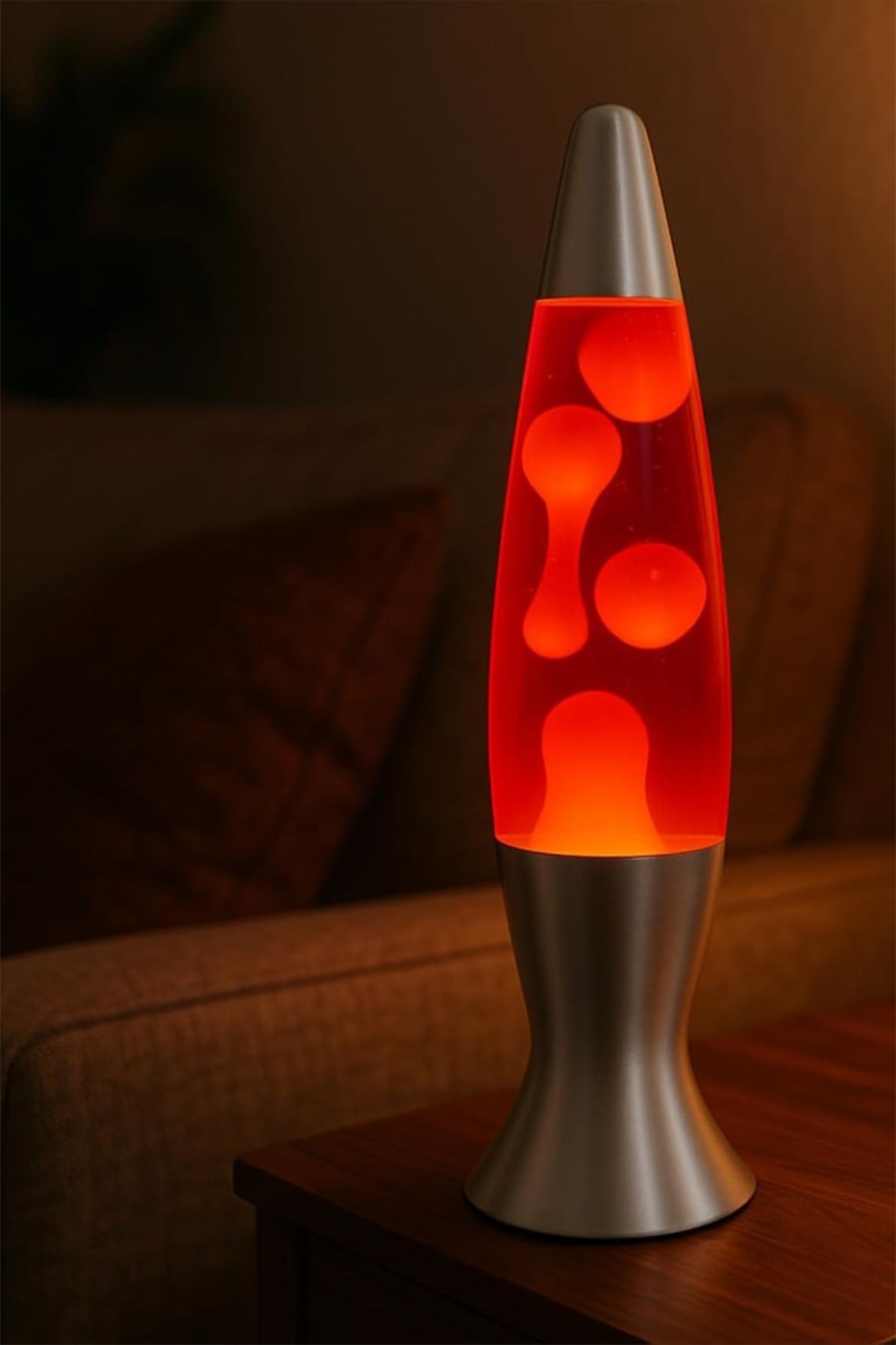 A red lava lamp with silver base and cap sits on a wooden table, glowing softly. In the background, a brown couch and pillows are visible in a dimly lit room.