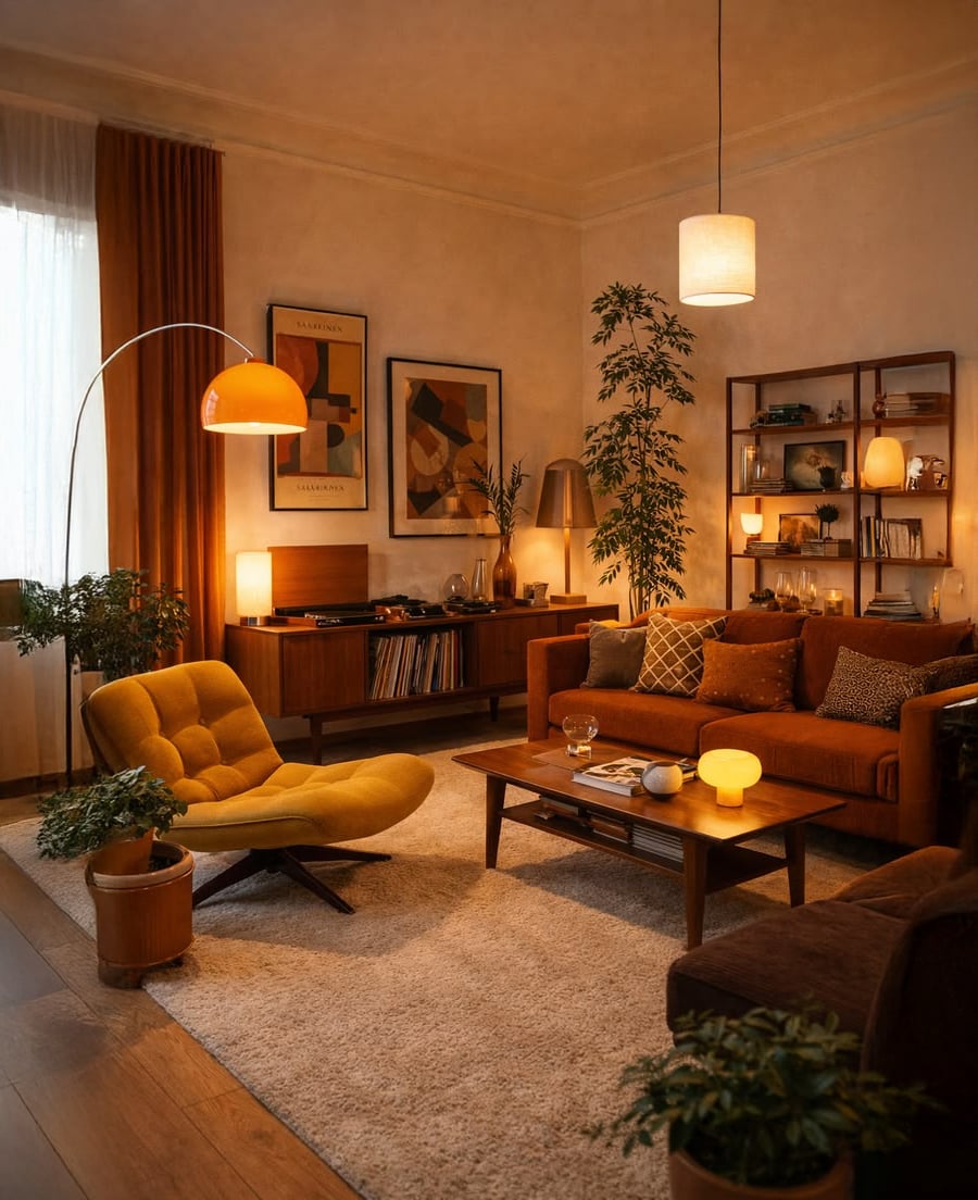 A cozy living room with mid-century modern decor, featuring a brown sofa, mustard lounge chair, warm lighting, indoor plants, wall art, and a wooden coffee table on a beige rug.