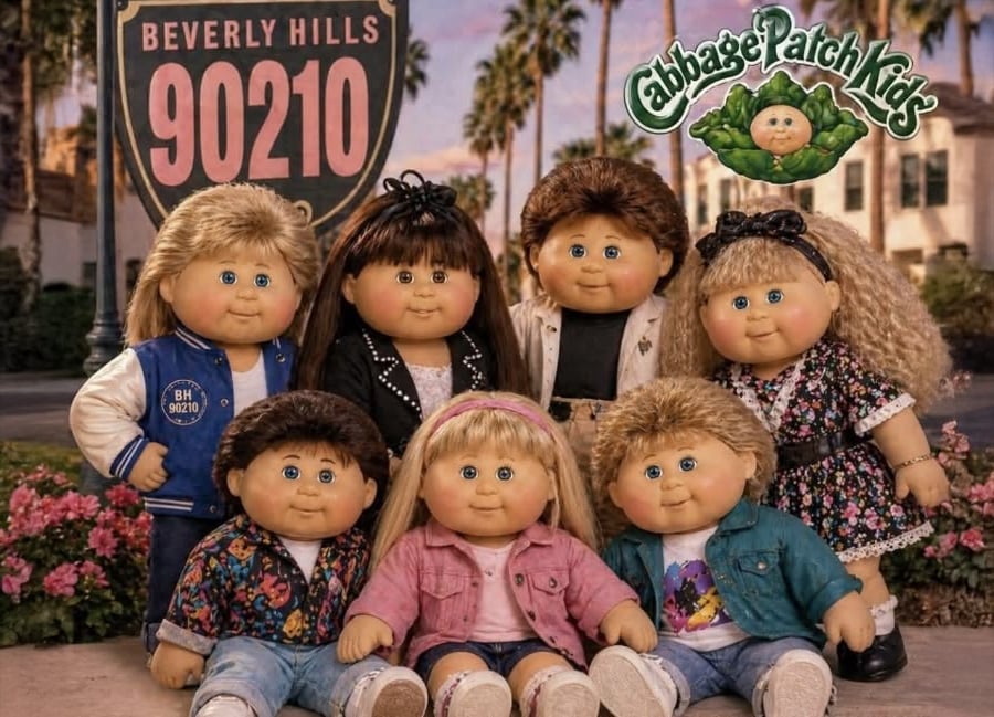 A group of seven Cabbage Patch Kids dolls pose in front of a Beverly Hills 90210 sign, dressed in 1990s-style outfits, with palm trees and buildings in the background.
