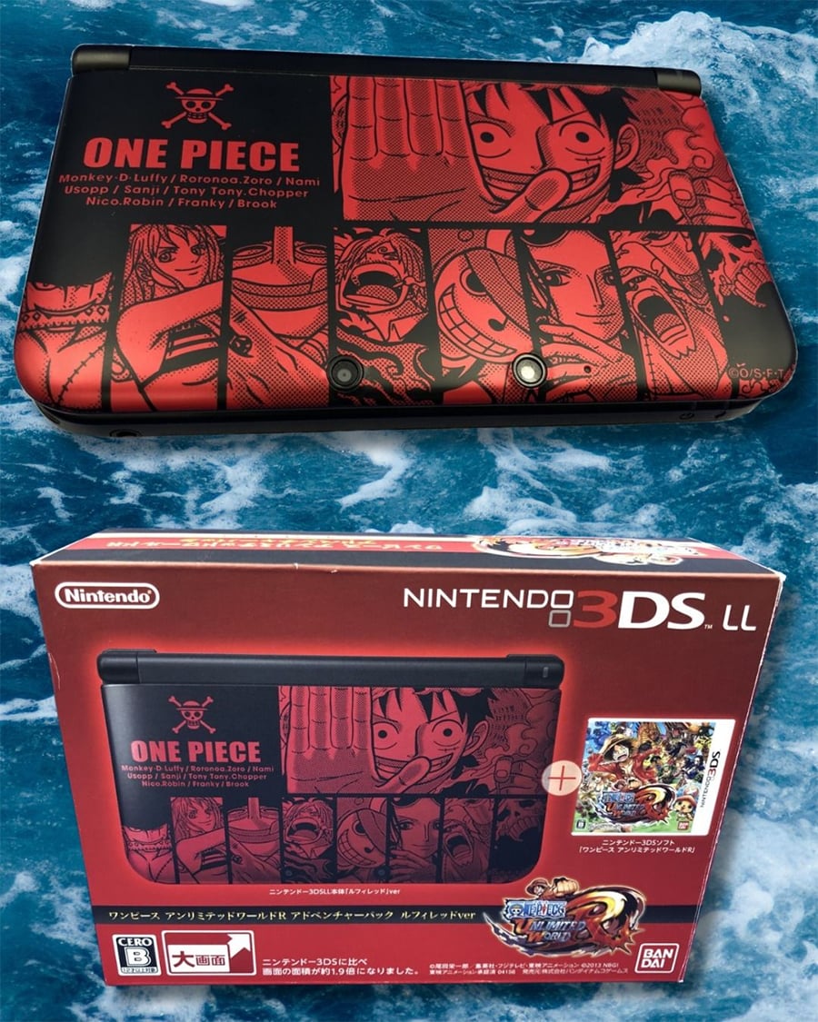 A limited edition Nintendo 3DS LL featuring red One Piece anime character art on the cover, shown above its matching box, which includes images of the console and One Piece graphics.