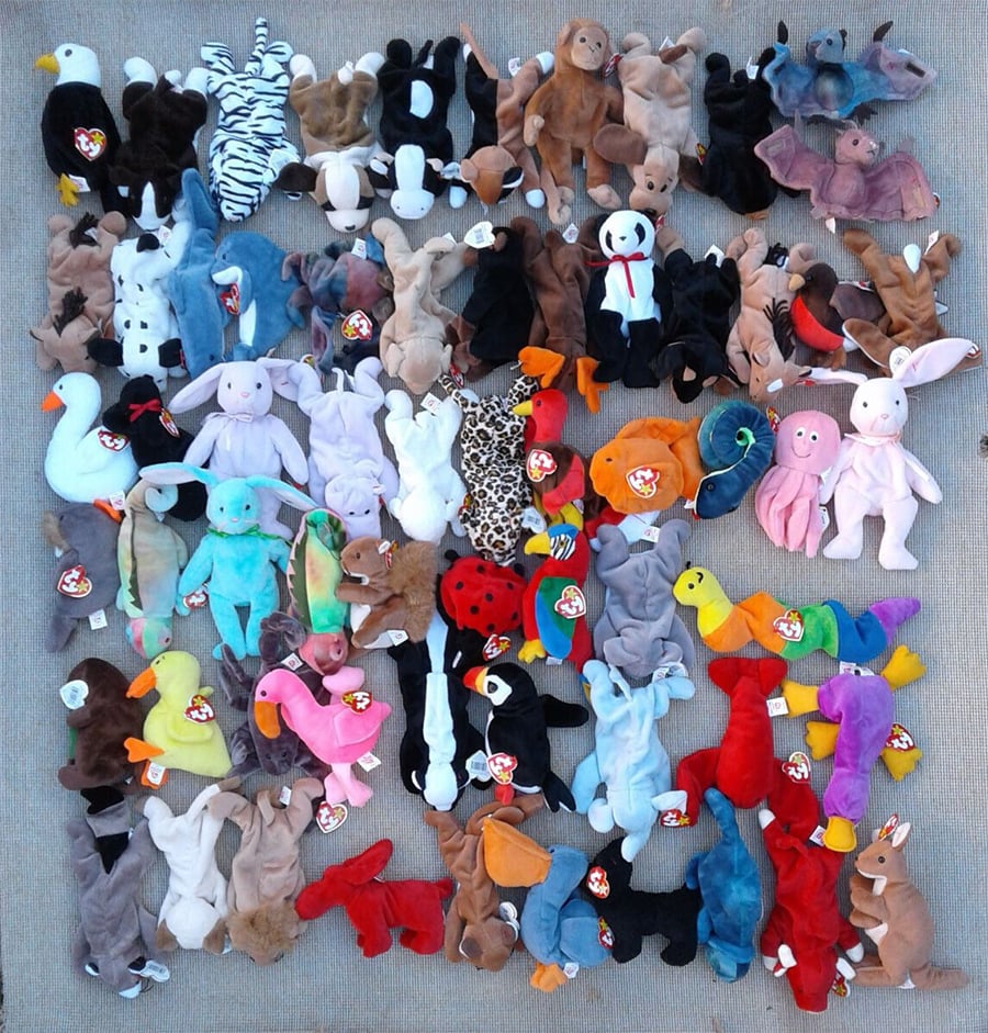 A collection of various Beanie Babies, including animals like bears, rabbits, dogs, and turtles, arranged in a neat grid on a light surface. The plush toys display a variety of colors and patterns.