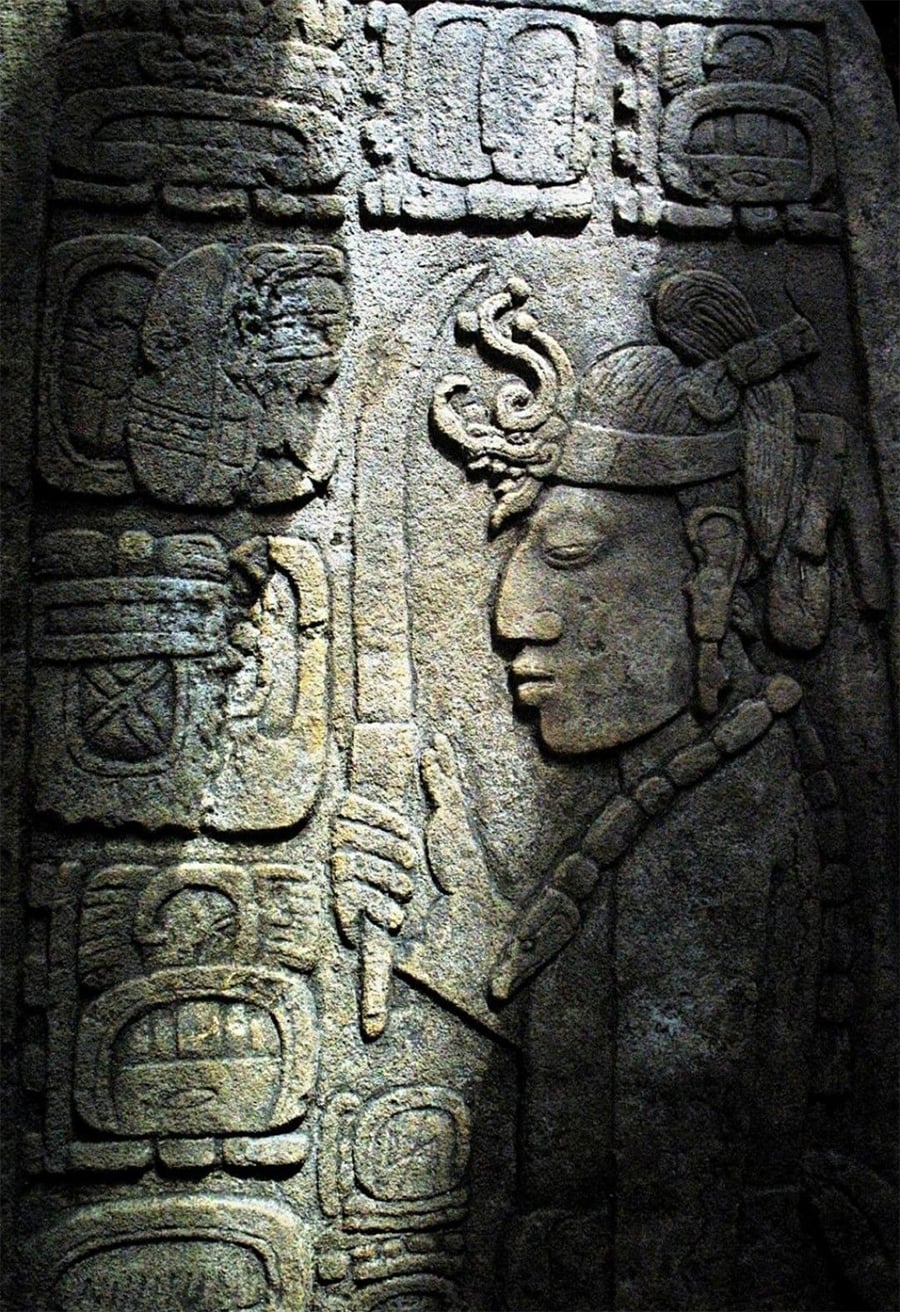 Ancient stone carving depicting a Mayan ruler in profile, adorned with a headdress and necklace, holding a ceremonial staff. Surrounding the figure are intricate Mayan hieroglyphs etched into the stone.