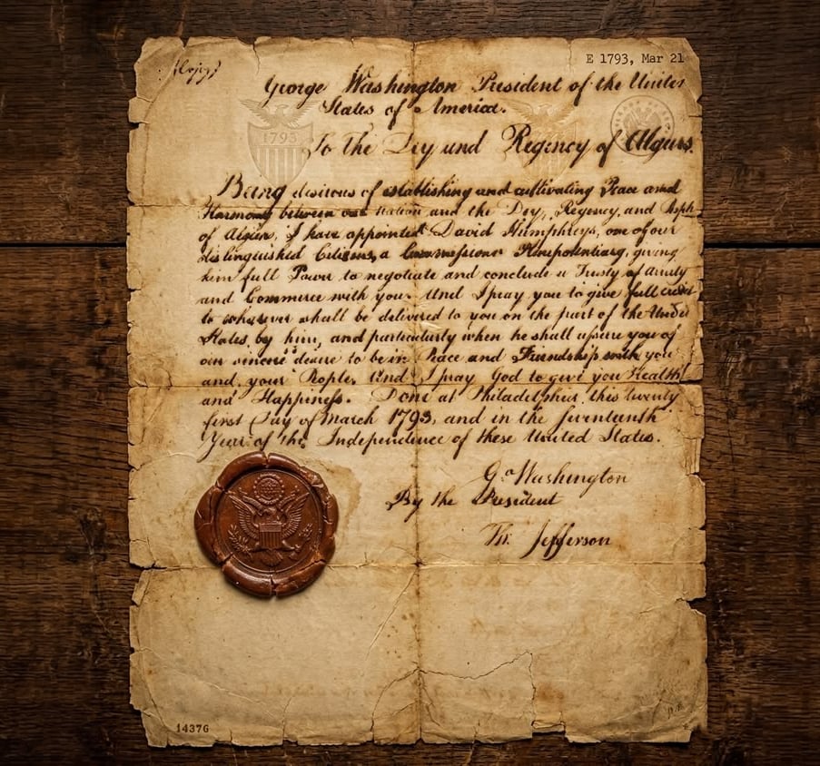 An old, yellowed, and torn parchment letter with elegant cursive handwriting, featuring a large red wax seal near the bottom. The paper rests on a wooden surface. The letter references George Washington and Thomas Jefferson.
