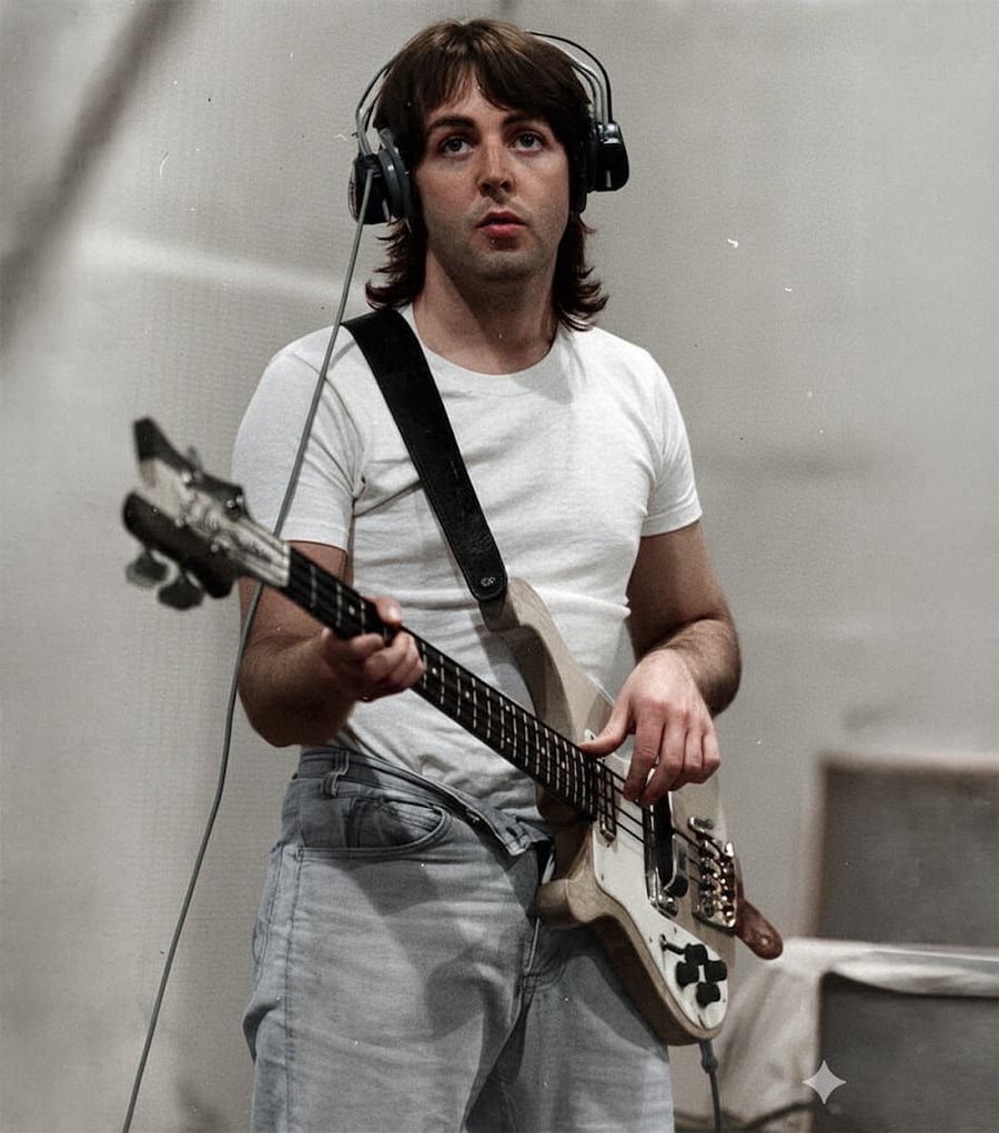 A man wearing headphones and a white T-shirt plays an electric bass guitar. He has shoulder-length brown hair and stands in a recording studio with a neutral background.