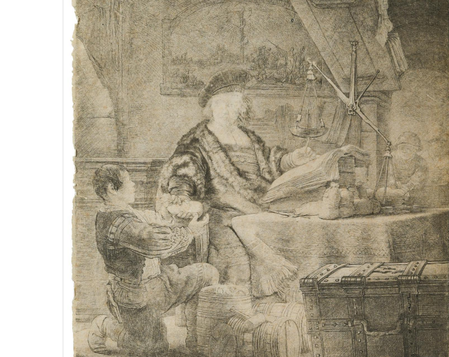 A detailed sketch of a wealthy man in a fur coat sitting at a table with scales, books, and coins, as a kneeling man presents a stack of coins. Chests and barrels are in the foreground, with a detailed background scene.
