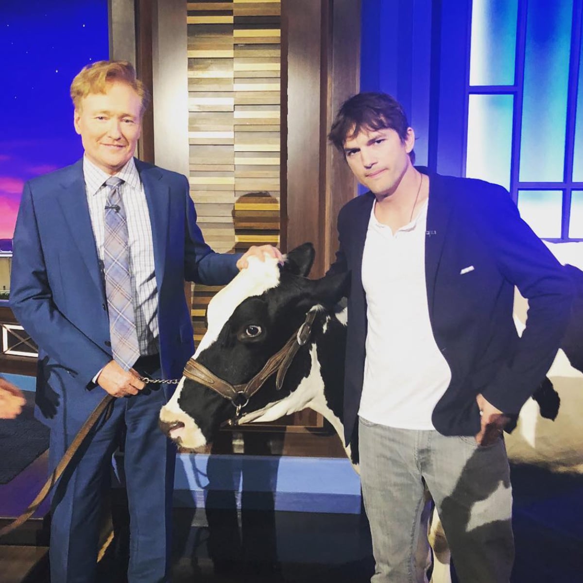 Two men in suits stand indoors with a black and white cow between them. One man is petting the cow, and both are looking at the camera. The background features wood paneling and blue-lit accents.