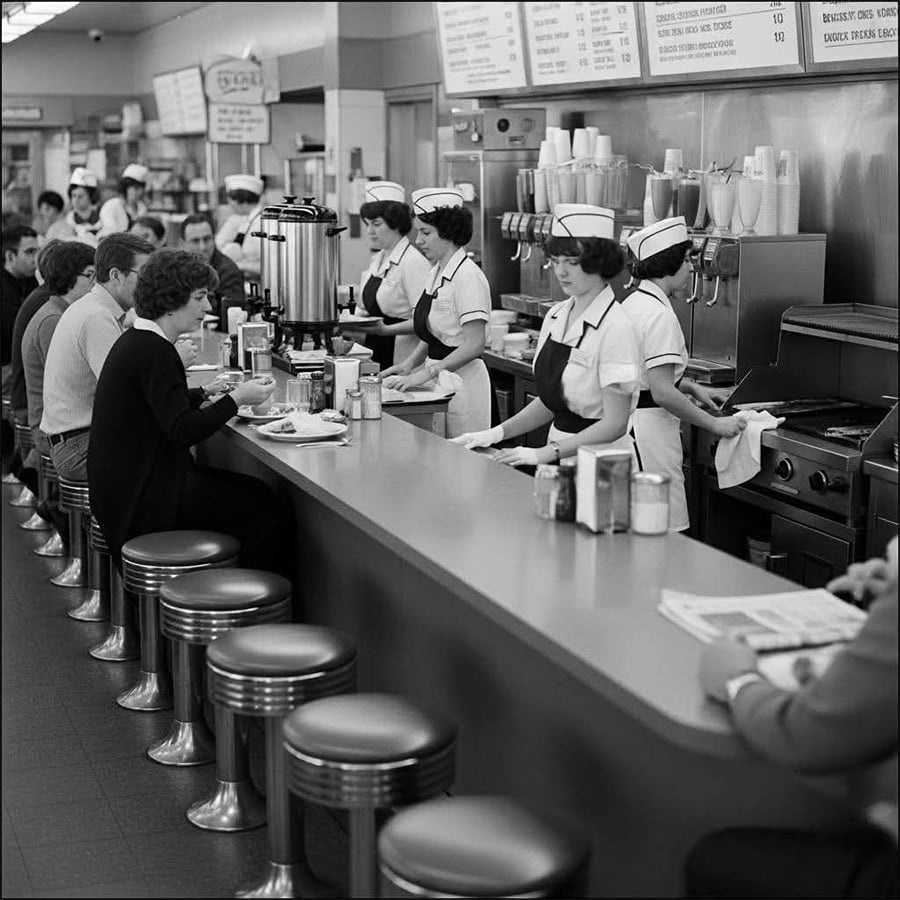Black-and-white photo of a classic diner with uniformed waitresses serving customers seated on round stools at a long counter; coffee machines and menu boards are visible in the background.