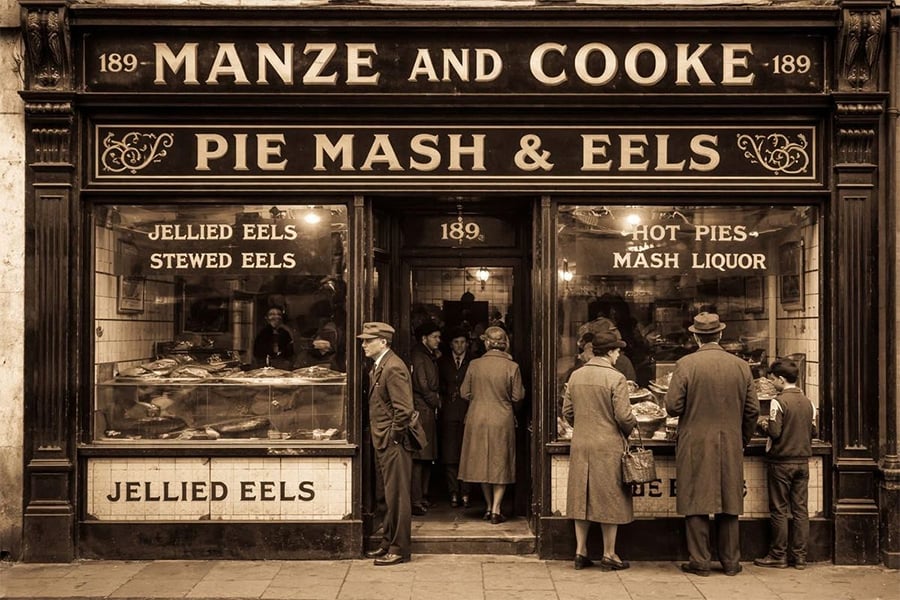 Sepia photo of a vintage pie and mash shop with signs advertising jellied eels, hot pies, and stewed eels. People in old-fashioned clothing stand outside and inside the busy storefront.