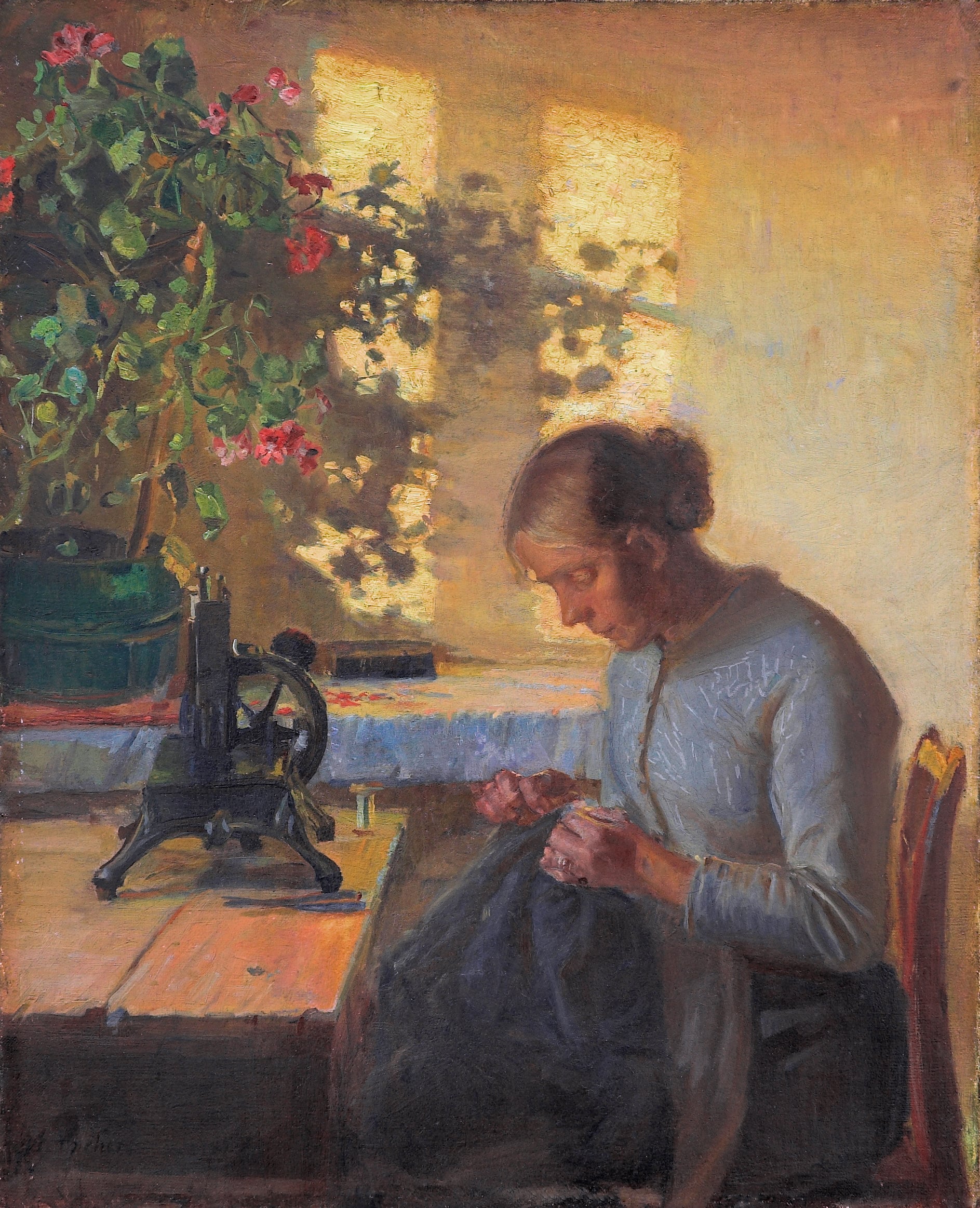 A woman sits at a sunlit table, sewing fabric by hand. A sewing machine and a potted flowering plant are nearby, and warm light streams through a window, casting shadows on the wall and table.