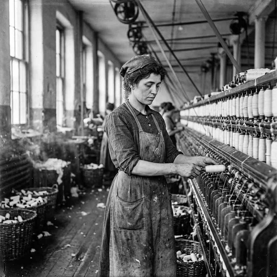 A woman in old-fashioned work clothes operates a spinning machine in a textile factory, surrounded by baskets of spools and large windows, with rows of machinery and workers in the background.