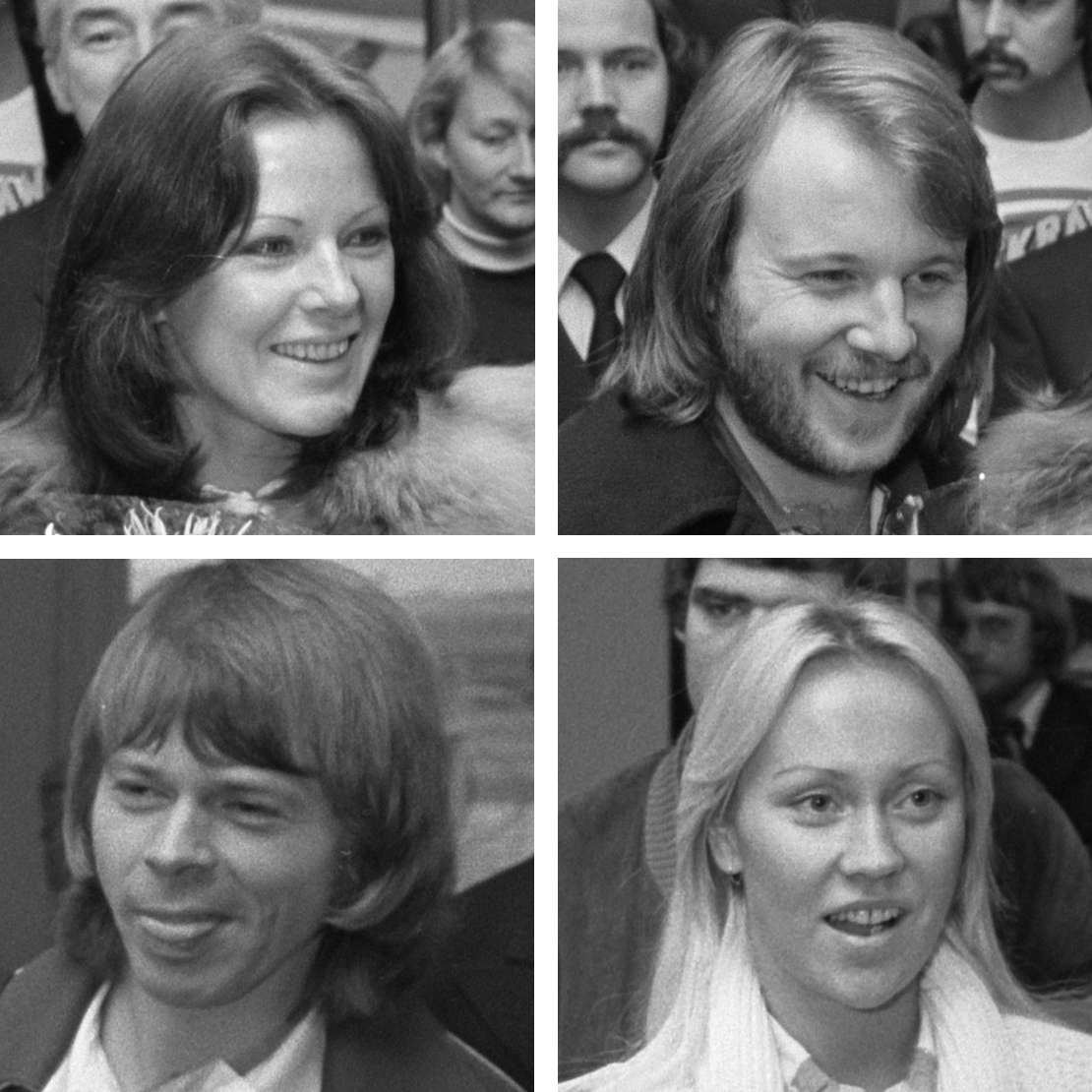 Four black-and-white portraits show two women and two men smiling in a crowd, each in a separate square. The images appear vintage, with 1970s hairstyles and clothing visible.