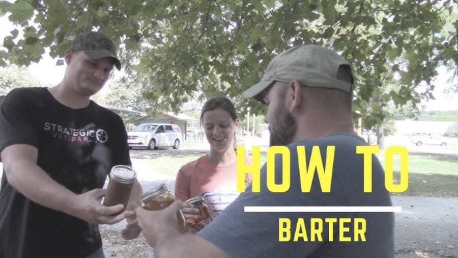 Three people stand outdoors under a tree, smiling and exchanging jars. The words “HOW TO BARTER” appear in large yellow and white text across the image. A car and a building are visible in the background.