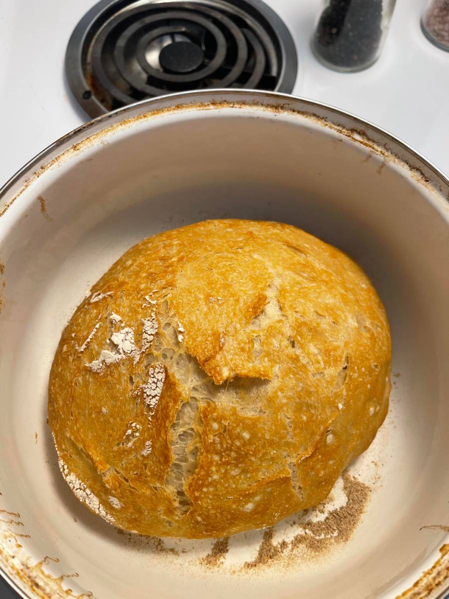 A round loaf of golden-brown, freshly baked bread sits in a white Dutch oven on a stovetop, with a stove burner and pepper grinder visible in the background.