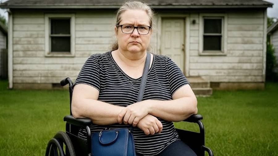 A woman with glasses sits in a wheelchair outside a small, weathered house with white siding. She has a serious expression, wears a striped shirt, and holds a blue purse on her lap.