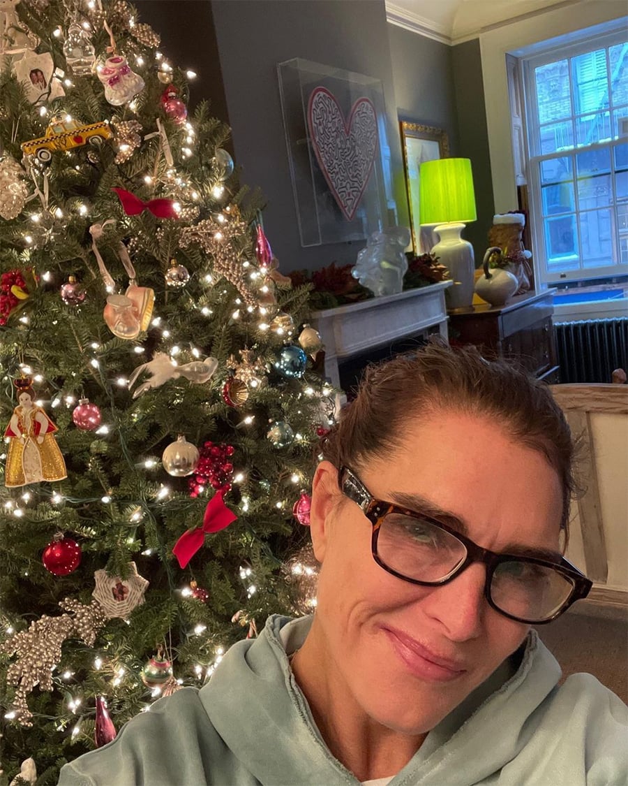 A woman wearing glasses smiles in front of a decorated Christmas tree with ornaments, bows, and lights. A living room with a green lamp, wall art, and a window is in the background.