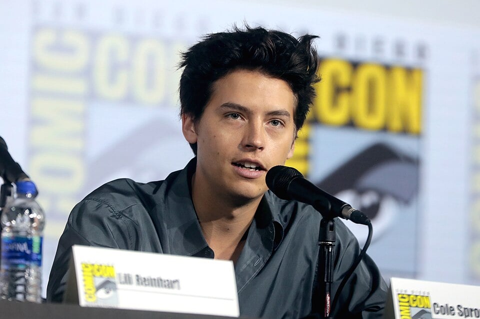 A young man with dark hair speaks into a microphone at a Comic-Con panel, sitting at a table with a water bottle and name card in front of him. The Comic-Con logo is visible in the background.