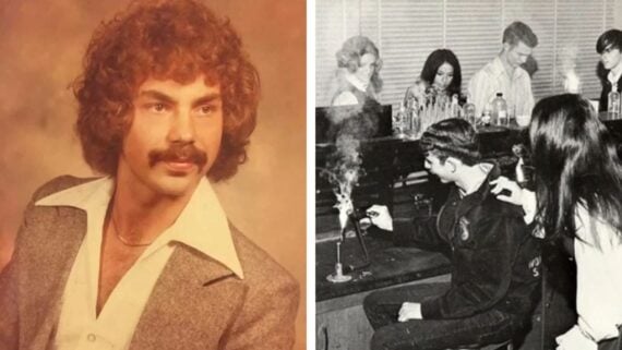 Left: A man with curly hair and a mustache poses in a brown blazer and white collared shirt. Right: Students in a classroom conduct a science experiment involving glassware and smoke.