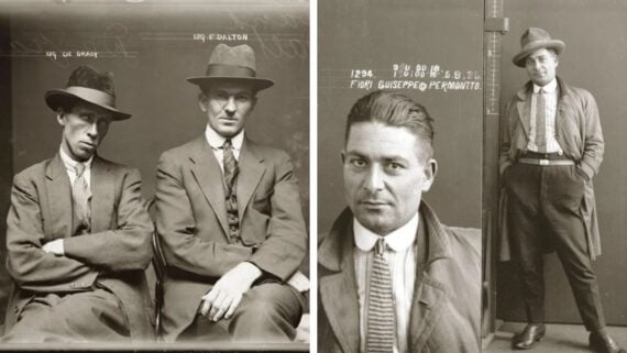 A split image shows two men in hats and suits sitting side by side on the left, and on the right, a man in a coat and hat poses for a mugshot with both front and side profile views.