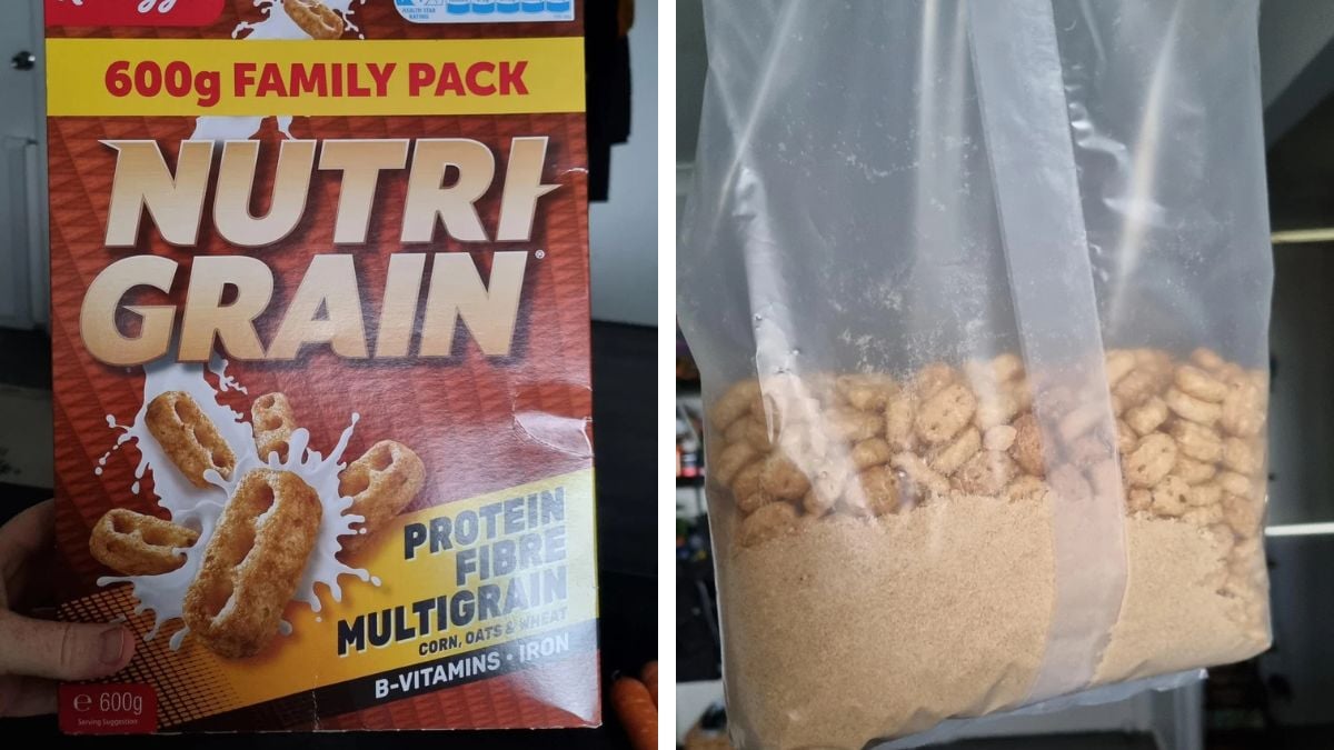 A box of Nutri-Grain cereal labeled "600g Family Pack" is shown on the left; on the right is the opened cereal bag, mostly filled with powder and a small amount of intact cereal pieces.