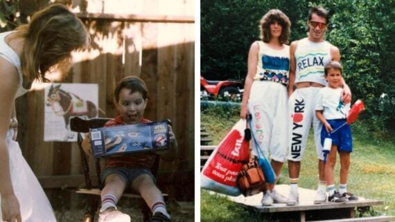 Left: A young boy sitting in a chair excitedly opens a toy box while a woman looks on. Right: A family of three, dressed in colorful summer clothes, pose outdoors with bags and a toy.