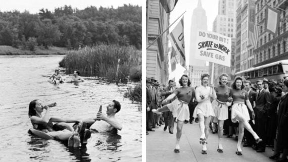 Split black-and-white image: Left, people relax on inflatables and swim in a river. Right, four women in matching outfits roller skate in a city parade, holding a &ldquo;Skate to Work, Save Gas&rdquo; sign as crowds watch.