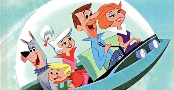 A cartoon family with a dog rides in a futuristic flying car. The parents sit in front, the mother driving, while a boy, a girl, and the dog sit behind them, all smiling. The background shows a stylized blue sky.