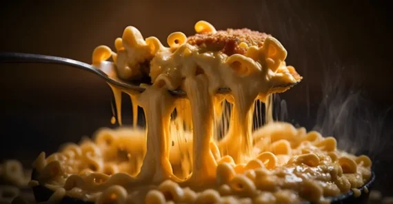 A close-up of a spoon lifting cheesy, steaming macaroni and cheese, with gooey melted cheese stretching from the pan below.