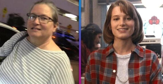 Split image showing two women: on the left, a woman with glasses in a gray striped shirt outdoors at night; on the right, a woman with short hair wearing a red plaid shirt and white top indoors, smiling.