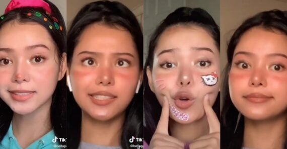 A young woman appears in four side-by-side selfies, each with different makeup styles, accessories, or face filters, including drawn whiskers and a Hello Kitty sticker. She poses with playful expressions in each image.