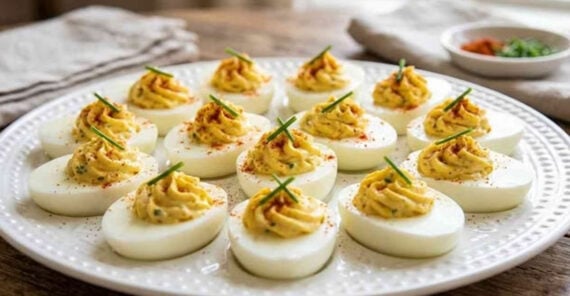 A white plate filled with deviled eggs, each topped with a swirl of seasoned yolk mixture and garnished with chopped chives and a sprinkle of paprika. A dish with herbs is visible in the background.