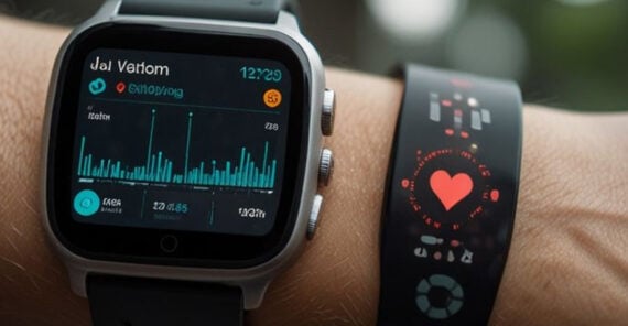A close-up of a wrist wearing a smartwatch displaying health data and a fitness tracker band showing a heart icon and pulse information, both monitoring activity and heart rate.