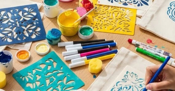 Art supplies and stencils on a table, including markers, paint pots, paintbrushes, foam sponges, and canvas bags being decorated with colorful stenciled patterns and designs. A hand is drawing on one of the bags.
