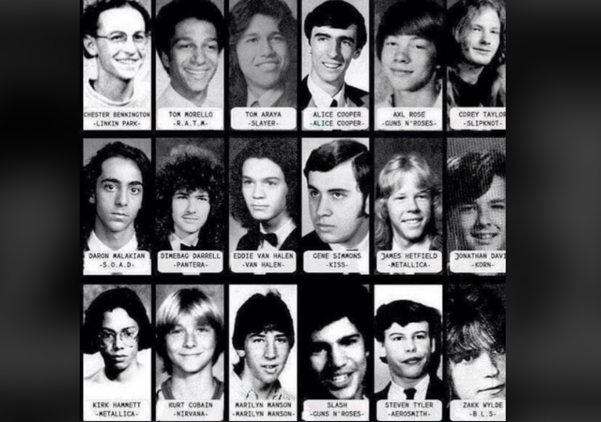 A grid of black-and-white yearbook-style photos featuring various young boys and teens, each labeled with a name and the rock or metal band they are associated with. Some are smiling, others have neutral expressions.