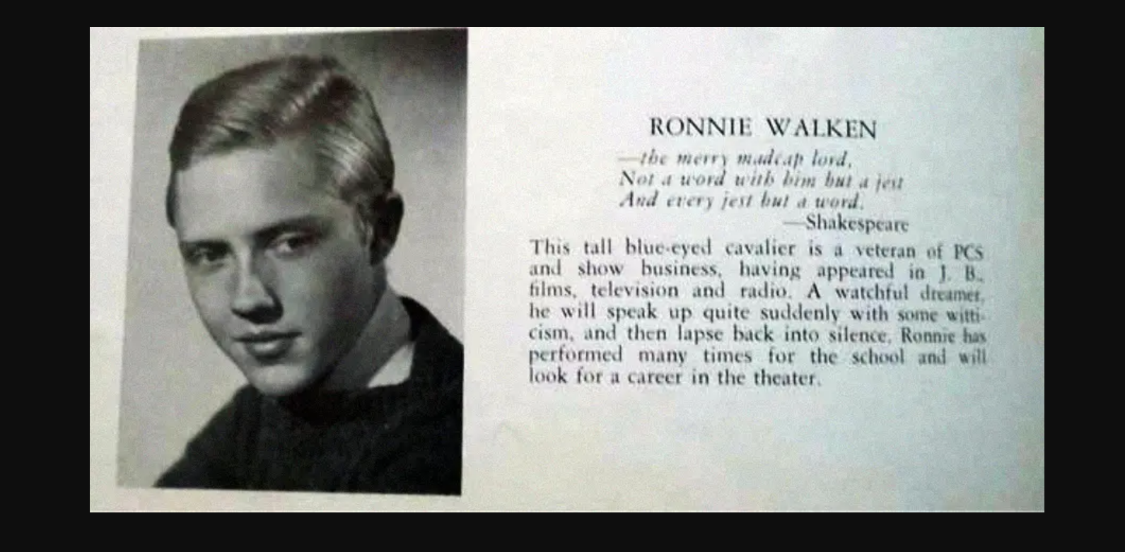 Black-and-white yearbook photo of a young man with light hair. Next to the photo is text about Ronnie Walken, mentioning his blue eyes, acting experience, and a Shakespeare quote.