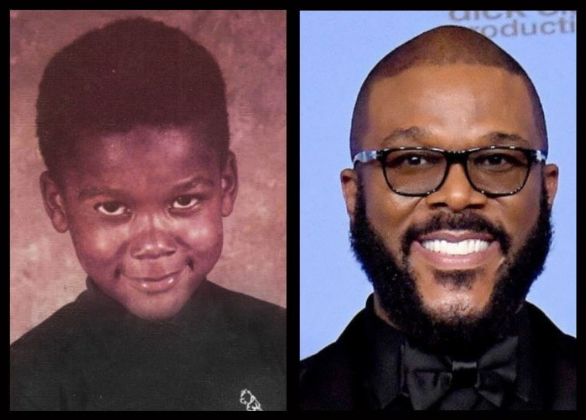 Side-by-side photos: on the left, a smiling young Black boy in a school portrait; on the right, an adult Black man with glasses and a beard, smiling at an event.
