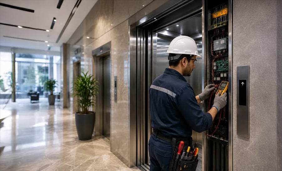 A maintenance worker wearing a hard hat uses tools to inspect the control panel of an elevator in a modern building lobby with marble floors and potted plants.