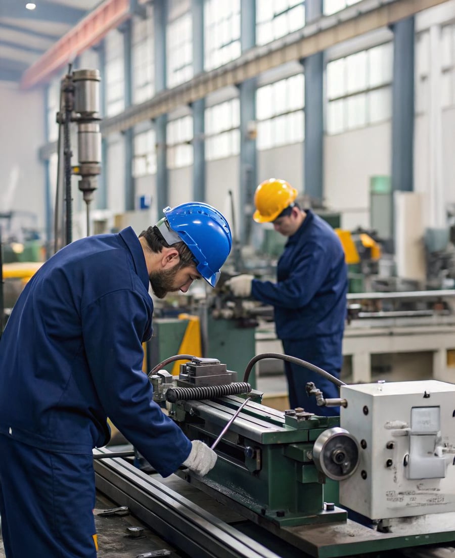 Two workers wearing blue uniforms and safety helmets operate machinery in a large, well-lit industrial workshop with high ceilings and various equipment in the background.