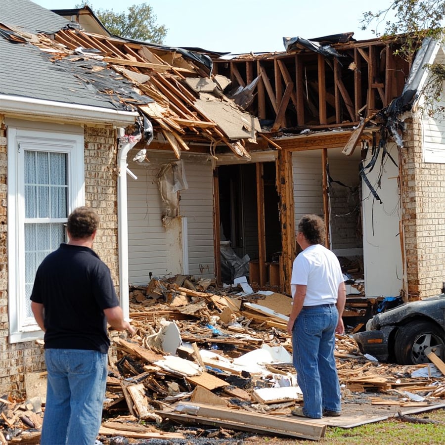 Two people stand in front of a house with severe damage; the roof and upper walls are destroyed, with debris scattered on the ground and a damaged car partially visible on the right.