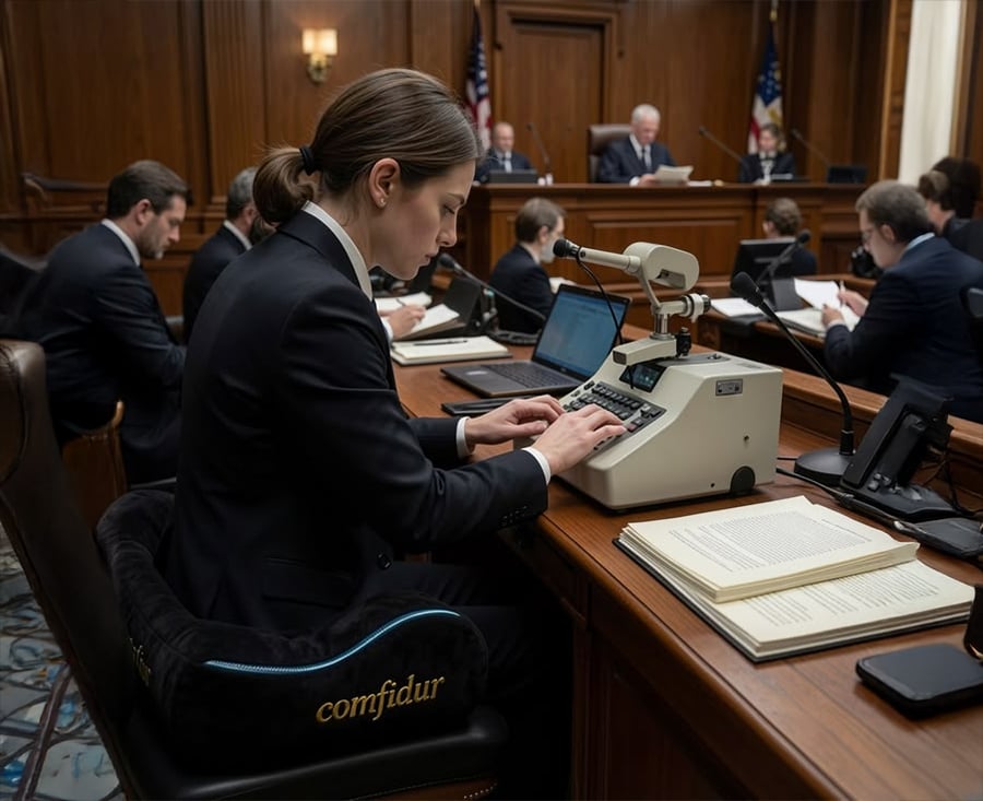 A woman in a suit types on a stenotype machine in a courtroom setting. Other people in suits are seated around her.
