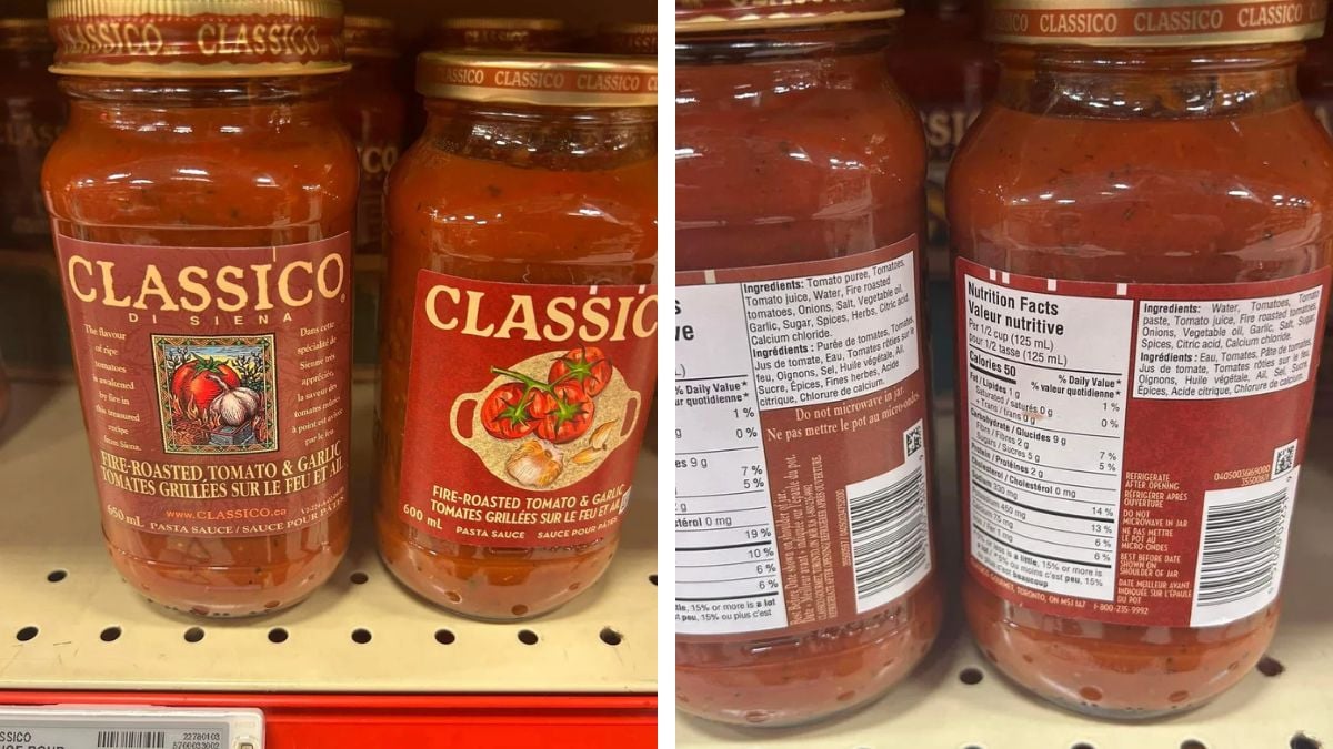 Two images show jars of Classico Fire-Roasted Tomato & Garlic pasta sauce on a store shelf. The first image displays the front labels, while the second shows the nutrition facts and ingredients on the back labels.
