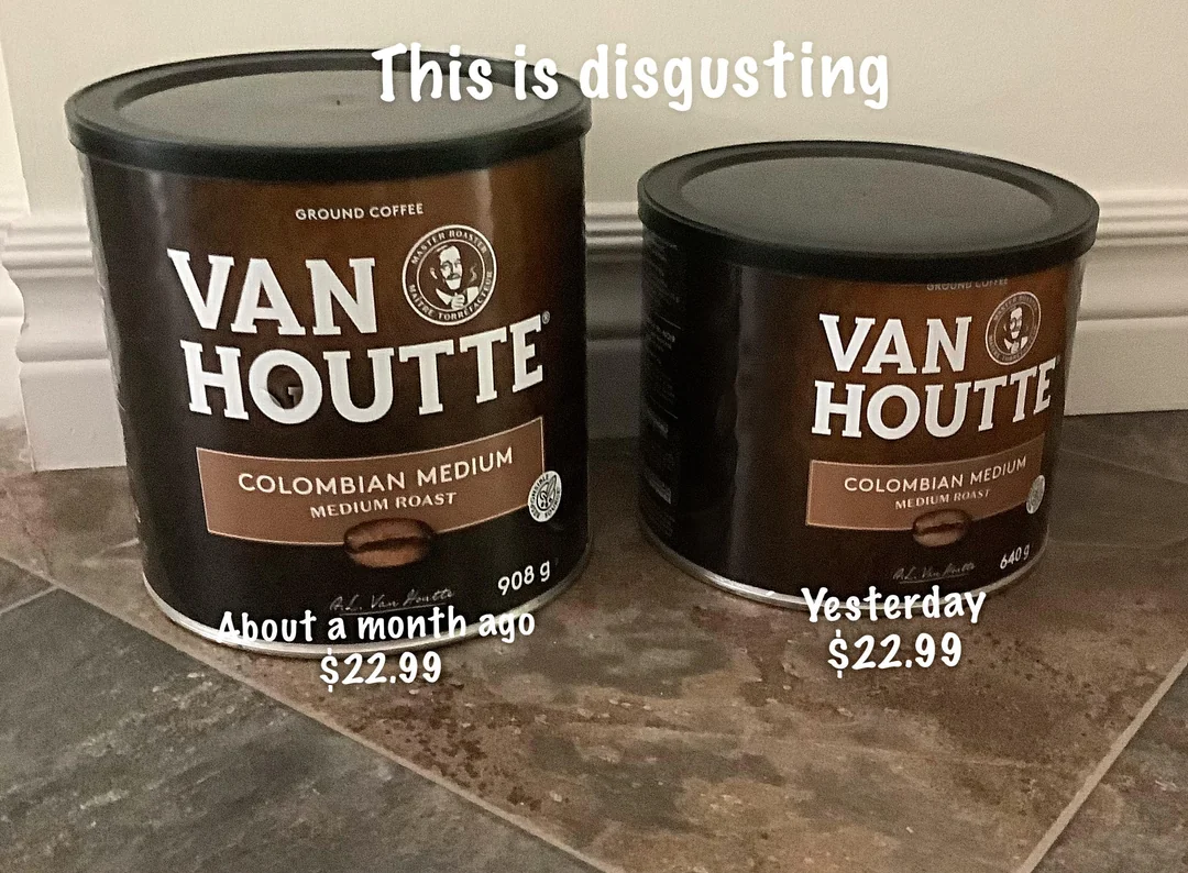 Two cans of Van Houtte coffee are side by side on a tiled floor. The older can (908g) is larger than the newer one (640g), but both are priced at $22.99. Text above says, "This is disgusting.