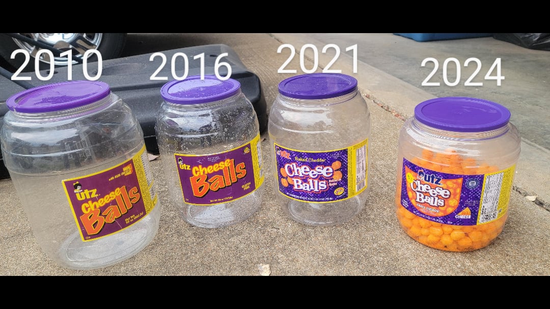 Four Utz cheese ball containers from 2010, 2016, 2021, and 2024. The first three containers are empty and faded, while the 2024 container is newer, filled with cheese balls, and the label is bright and clear.