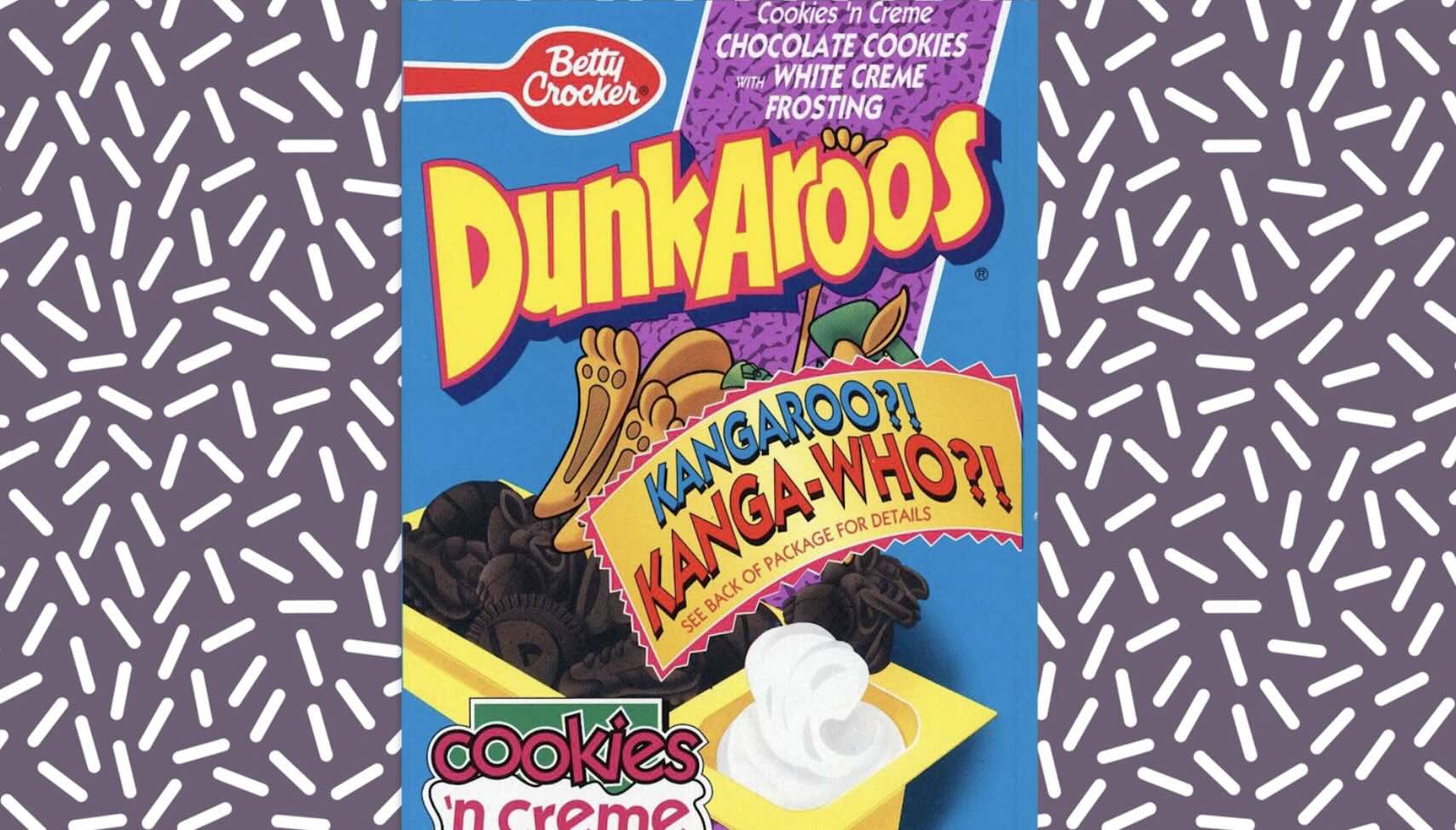 A colorful Dunkaroos box shows chocolate cookies and white creme frosting. The packaging features a cartoon kangaroo and bright, bold text on a blue background with a sprinkle pattern.