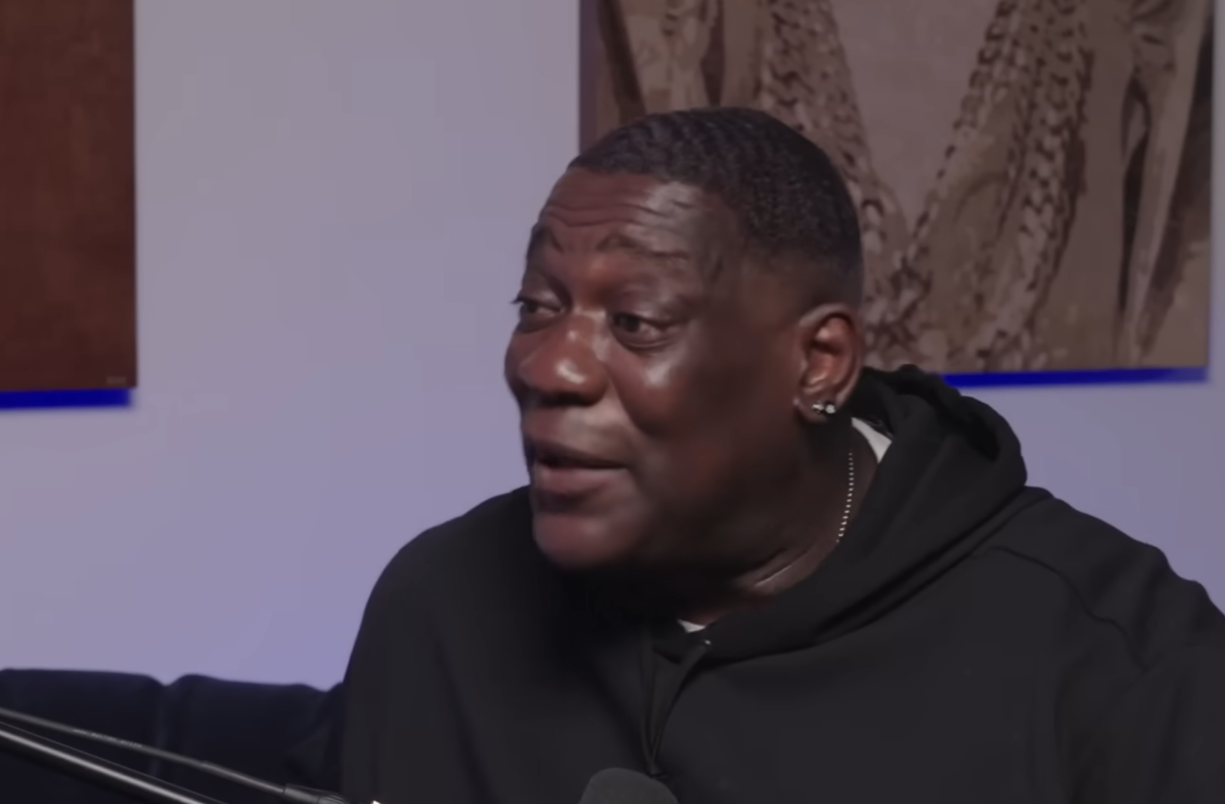 A man wearing a black hoodie and earring is speaking into a microphone in a room with neutral-colored wall art in the background. He is looking to the side and appears to be engaged in conversation.