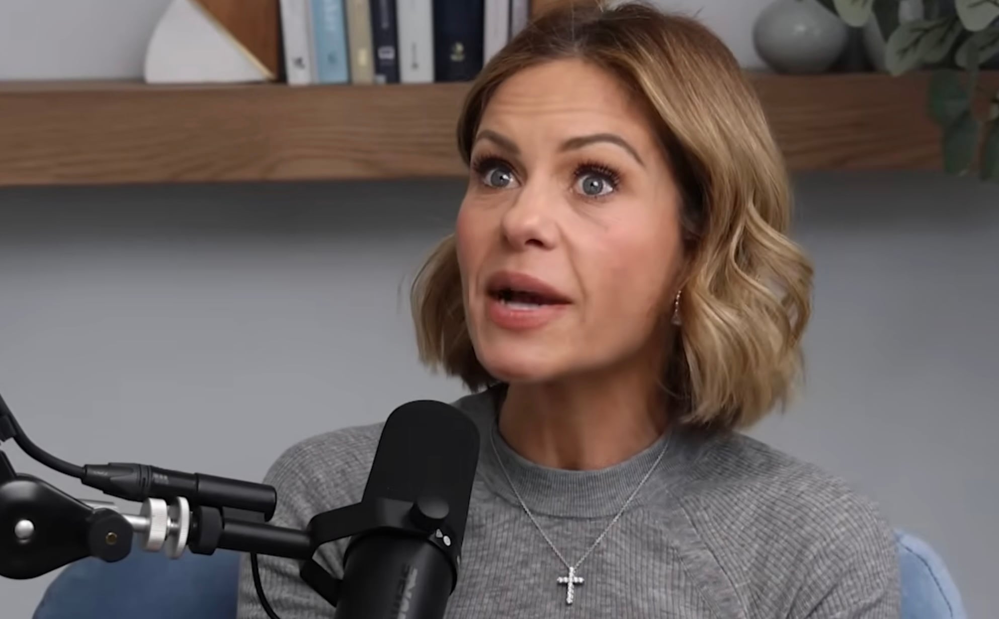 A woman with short, wavy blonde hair and a gray sweater sits in front of a microphone, speaking during an interview. Books and decorative items are visible on a shelf in the background.